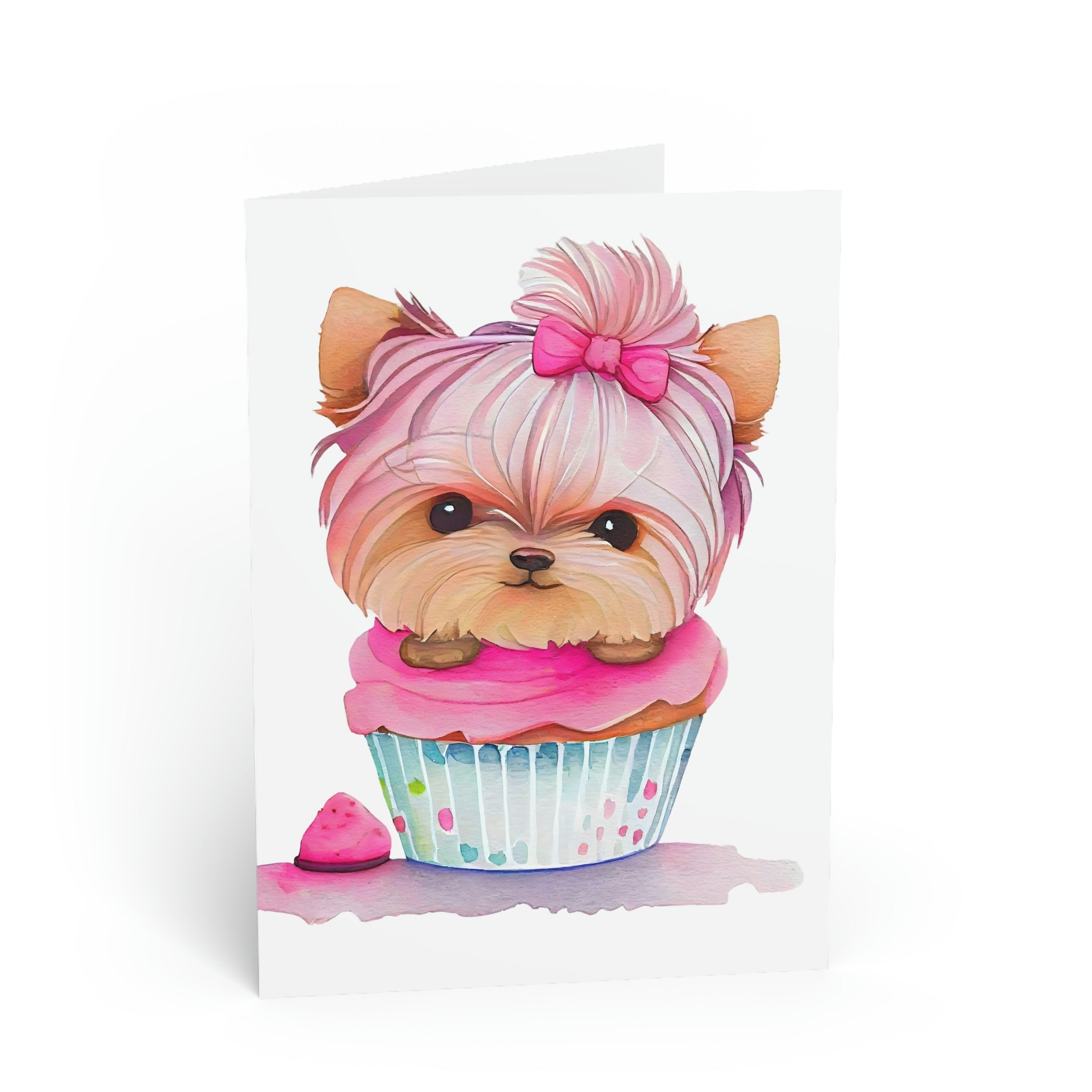 Yorkshire Terrier birthday greeting-card design with a cupcake