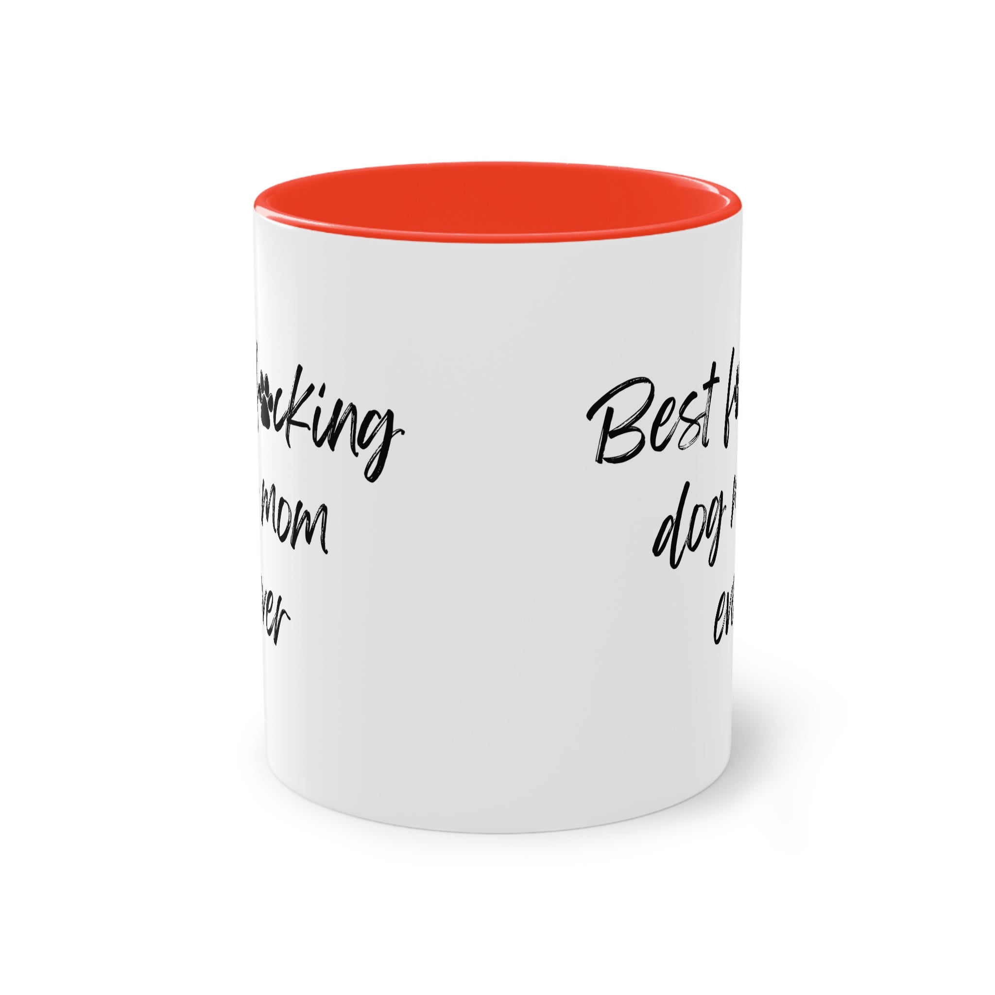 Two-tone mug with orange interior and the original dog-mom slogan