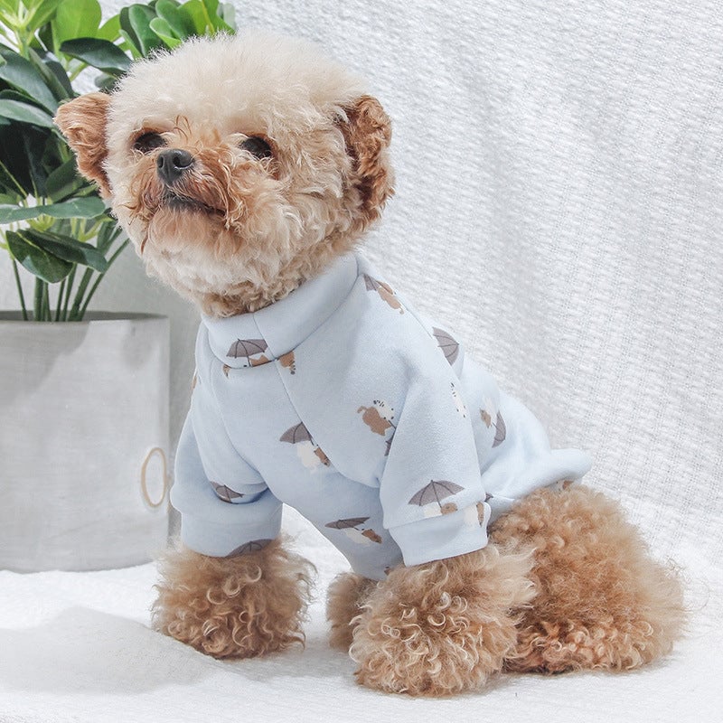 Small dog wearing the blue patterned shirt shown in this listing