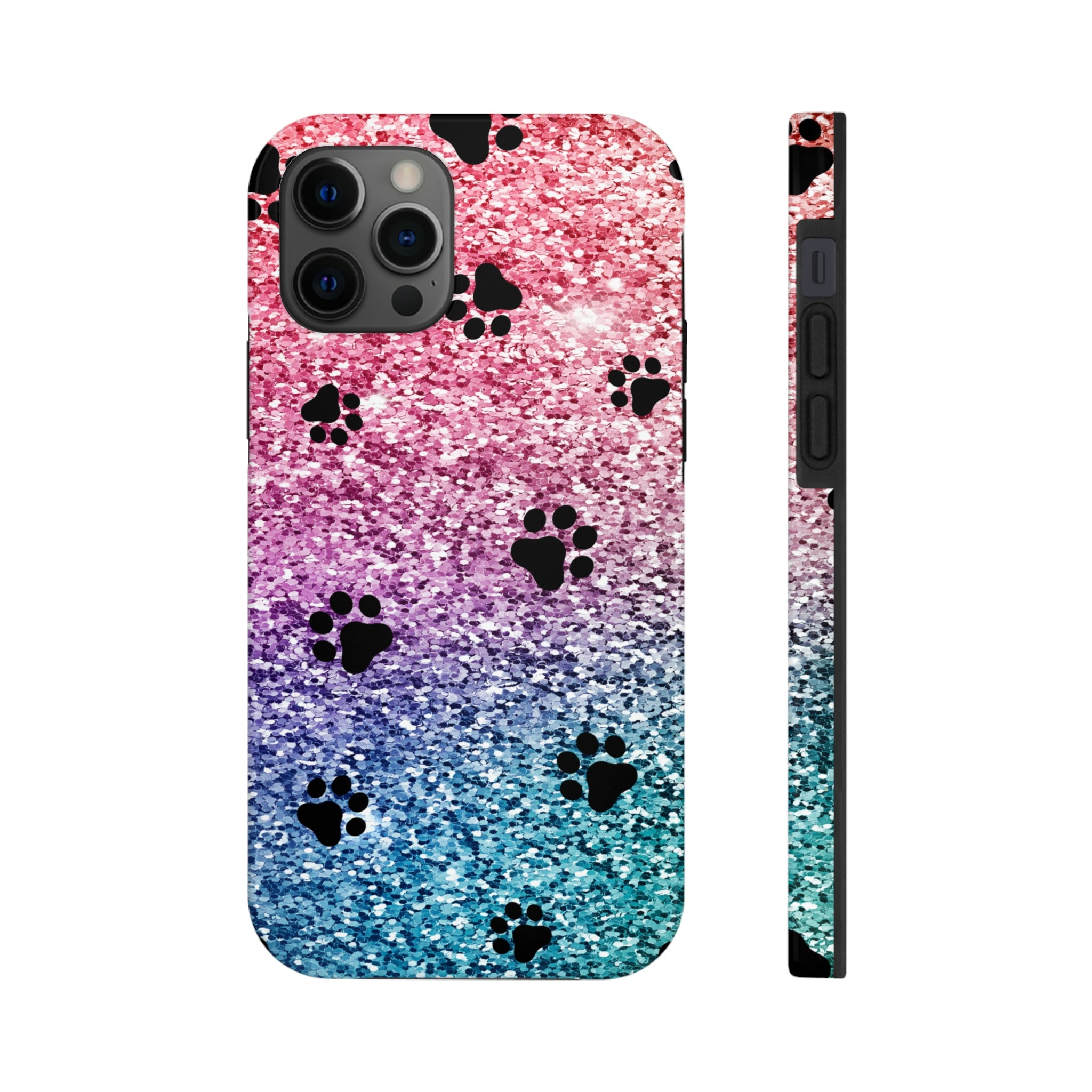 Pink and blue glitter-style paw-print phone-case design